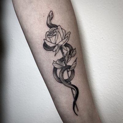Fine Line Snake and Rose Lag Tattoos
